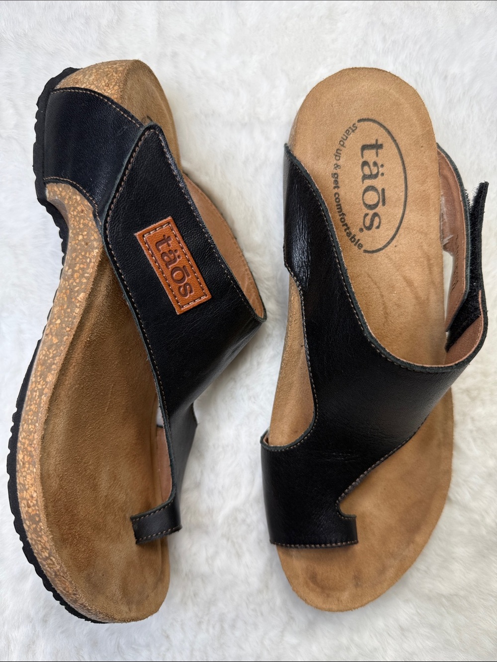 Taos Loop Black Leather Cork Wedge Sandals 8 8.5 EU 39 Arch Support Spain Flaw
